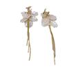 Korean Style Long Flower Bow Earrings with Imitation Mother-of-Pearl Leaf Tassels - Fashionable Vacation Fairy Ear Accessories for Women.