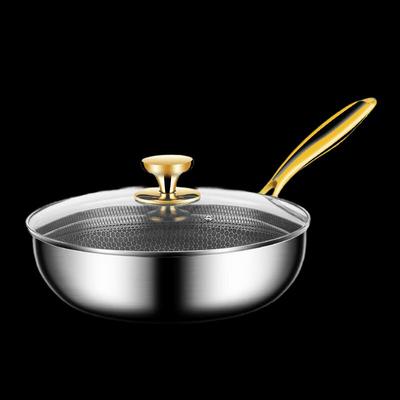 28cm Stainless Steel Honeycomb Frying Wok with Golden Handle and Lid