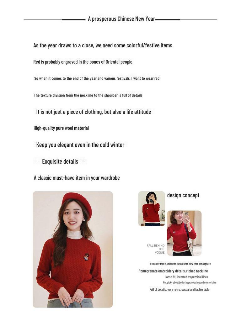 2024 Winter Fushou Sanduo Women's Embroidered Wool Round Neck Sweater Pullover