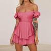 Sexy Women's Off Shoulder Solid Color Short Sleeved Pleated Layer Back Zip Short Jumpsuit