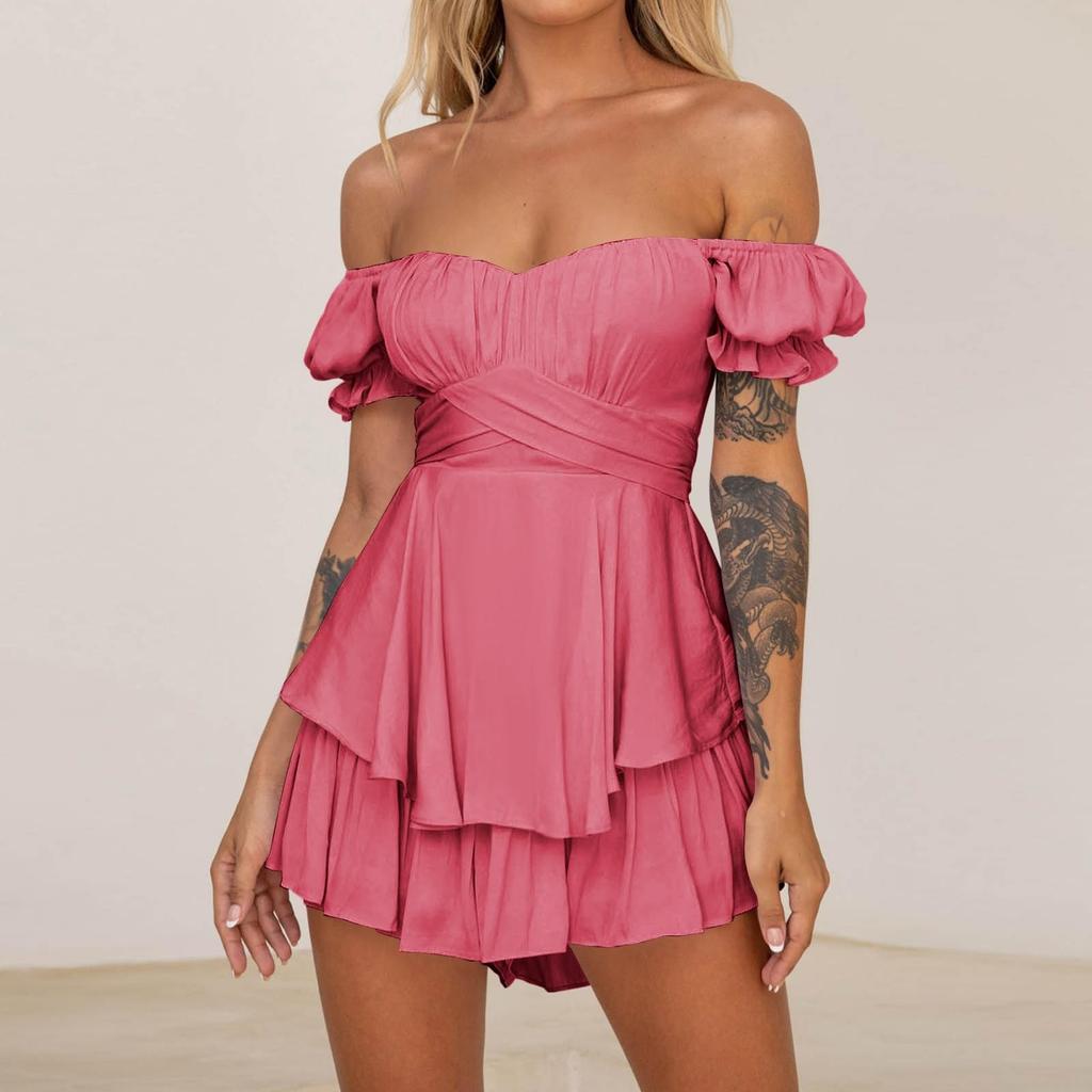 Sexy Women's Off Shoulder Solid Color Short Sleeved Pleated Layer Back Zip Short Jumpsuit