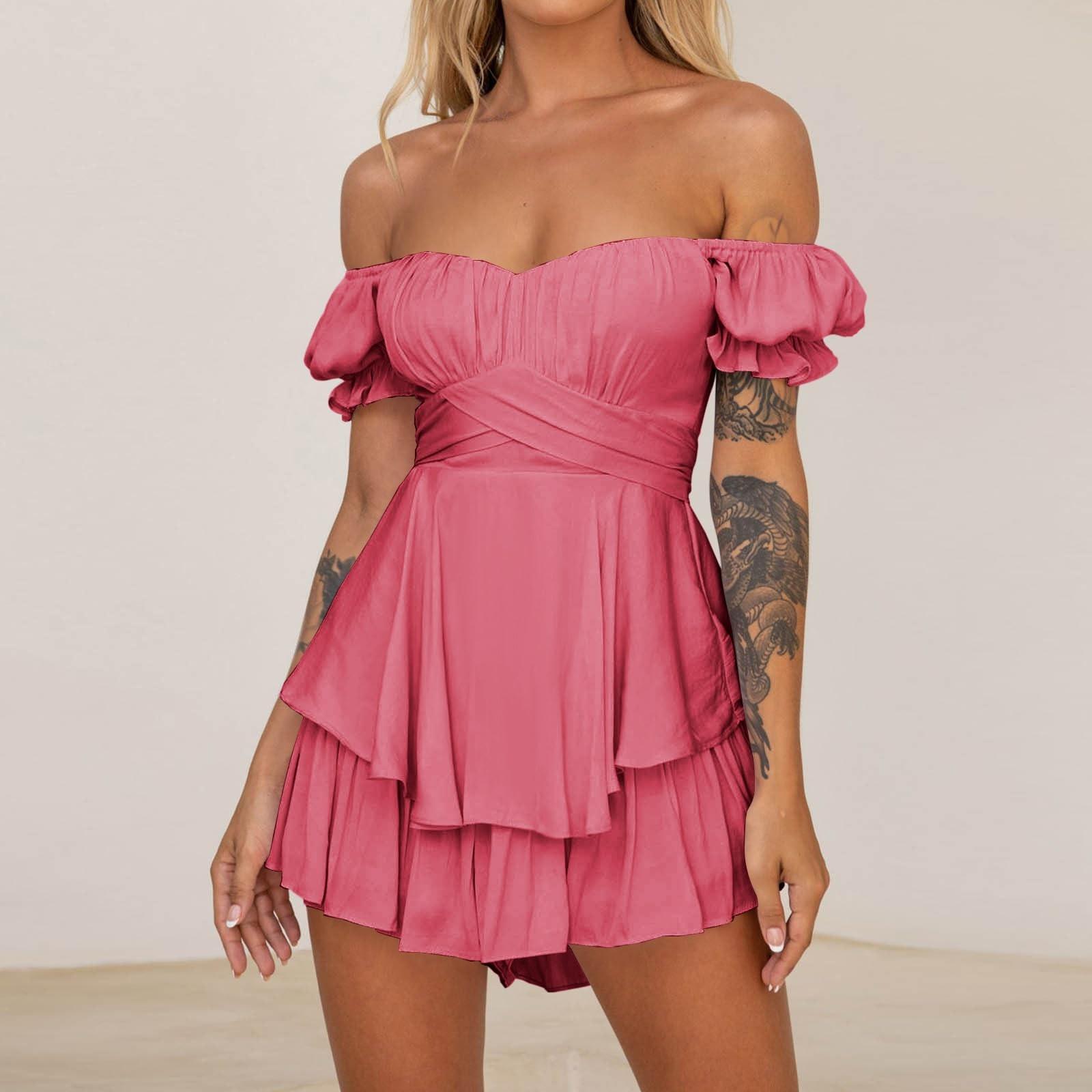 

Сексуальный женский однотонный комбинезон с открытыми плечами, короткими рукавами, плиссировкой и молнией сзади XL