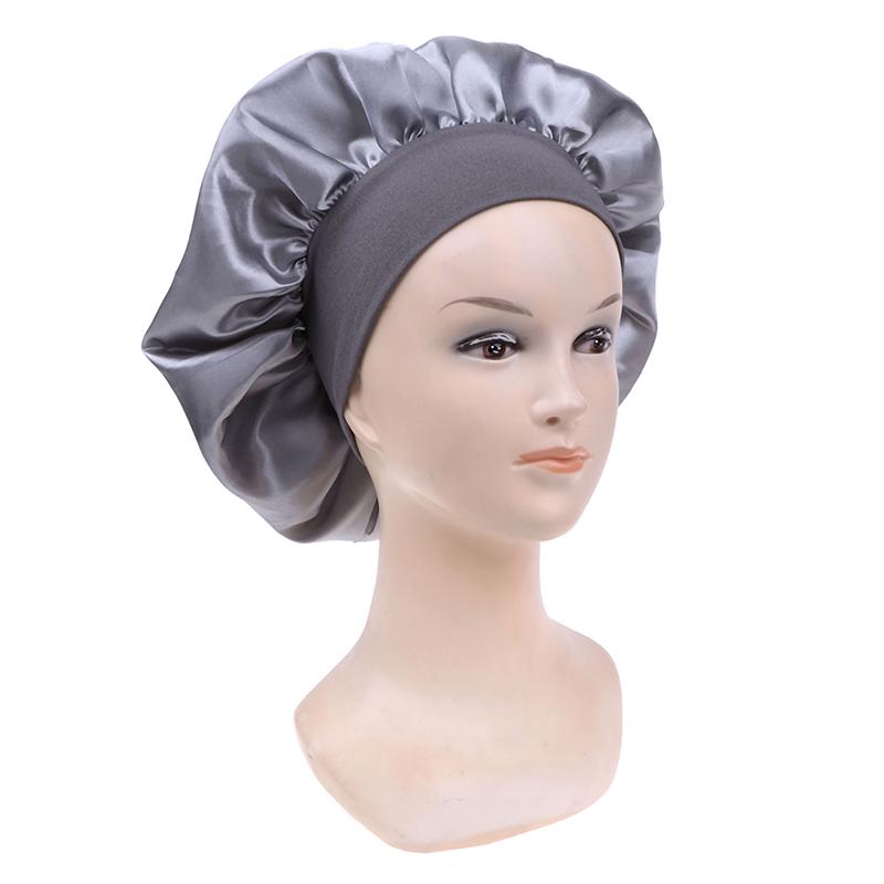 58Cm Solid Color Women Satin Bonnet Cap Night Sleep Hat Adjust Shower Caps