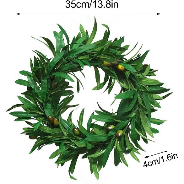 14 Inch Artificial Olive Wreath - Handcrafted Garland Branch Ornaments, Faux Front Door Hanging With Green Leaves and Fruit - Great for Wedding,