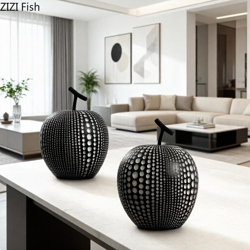 Weiß Schwarz Apfel Birne Harz Skulptur Polka Dot Kunst Früchte Ornamente Abstraktes Kunstwerk Moderne Heimdeko Zubehör