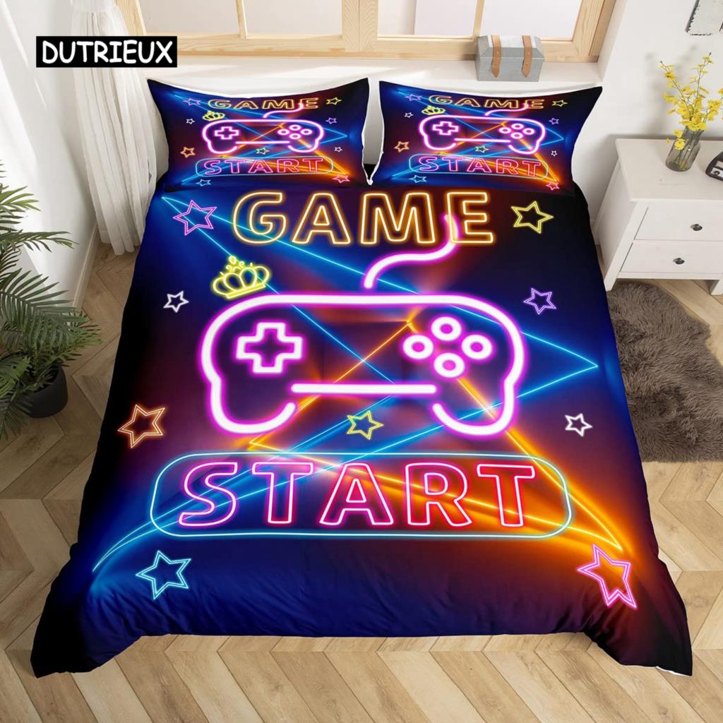 Gamepad Duvet Cover Set Queen Video Game Twin Bedding Set Microfiber Green Cartoon Gamer Pattern Electronic Theme Quilt Cover