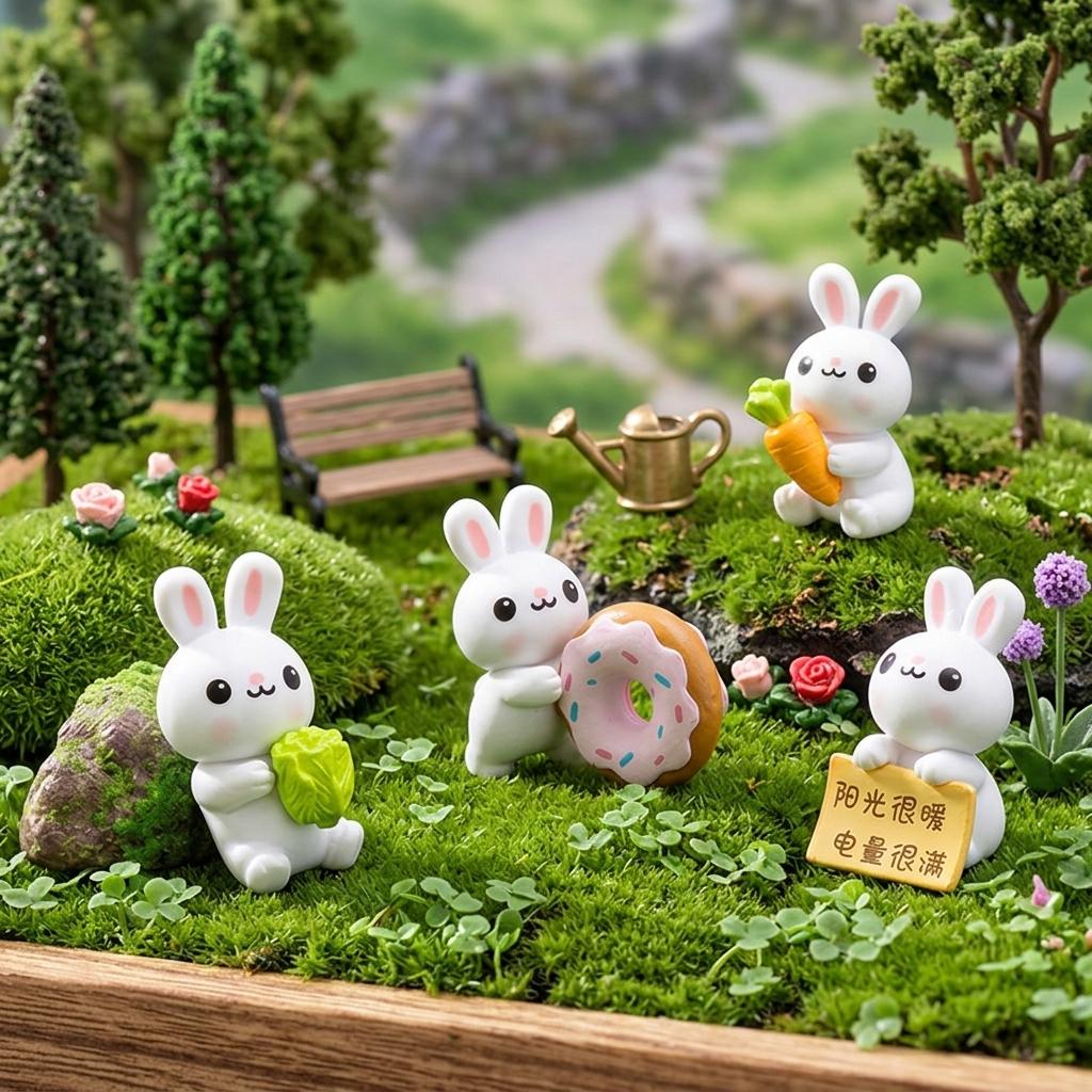 4Pcs Donut Themed Rabbits Figurines for DIY Garden Decoration Resin Hanging Ornaments