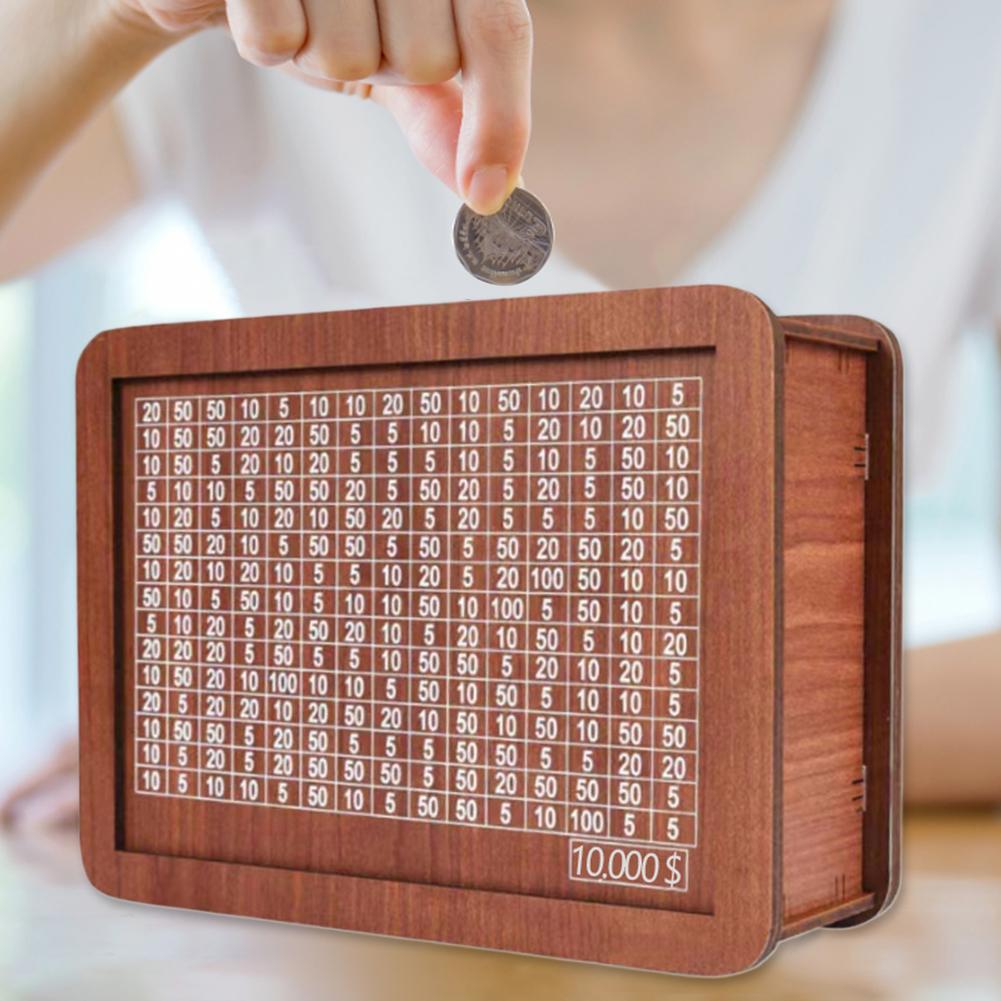 Piggy Bank with Savings Goal and Numbers Home Money Storage Box with Counter Wood Cash Coin Bank for Helping The Habit of Saving