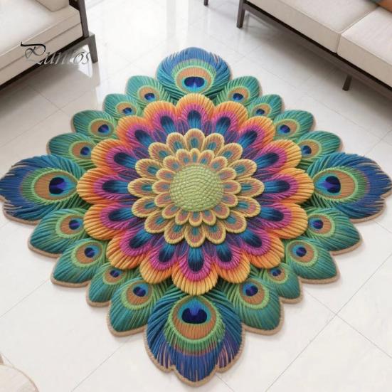 Artistic Door Rug Peacock Indoor Mat Non Slip Front Colorful Decorative Animal Feathers Floor Area for Entryway Living Room Bathroom Sturdy