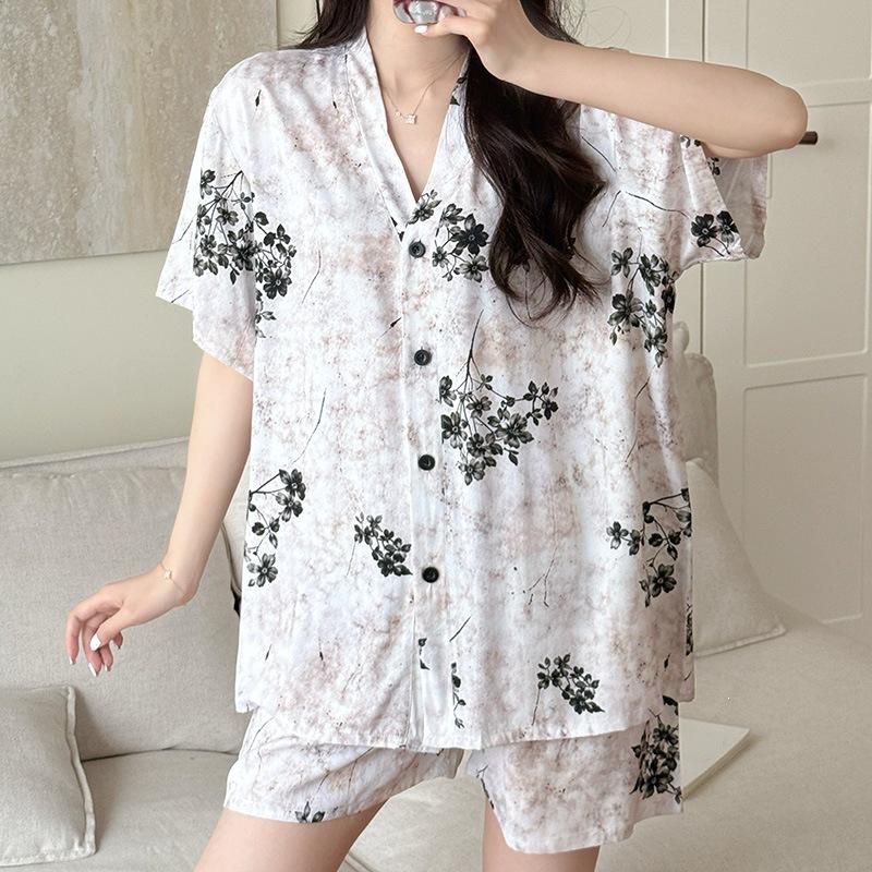 New Artificial Cotton and Silk Short-sleeved Shorts Summer Pajamas Women's Sweet Cardigan Casual Loungewear