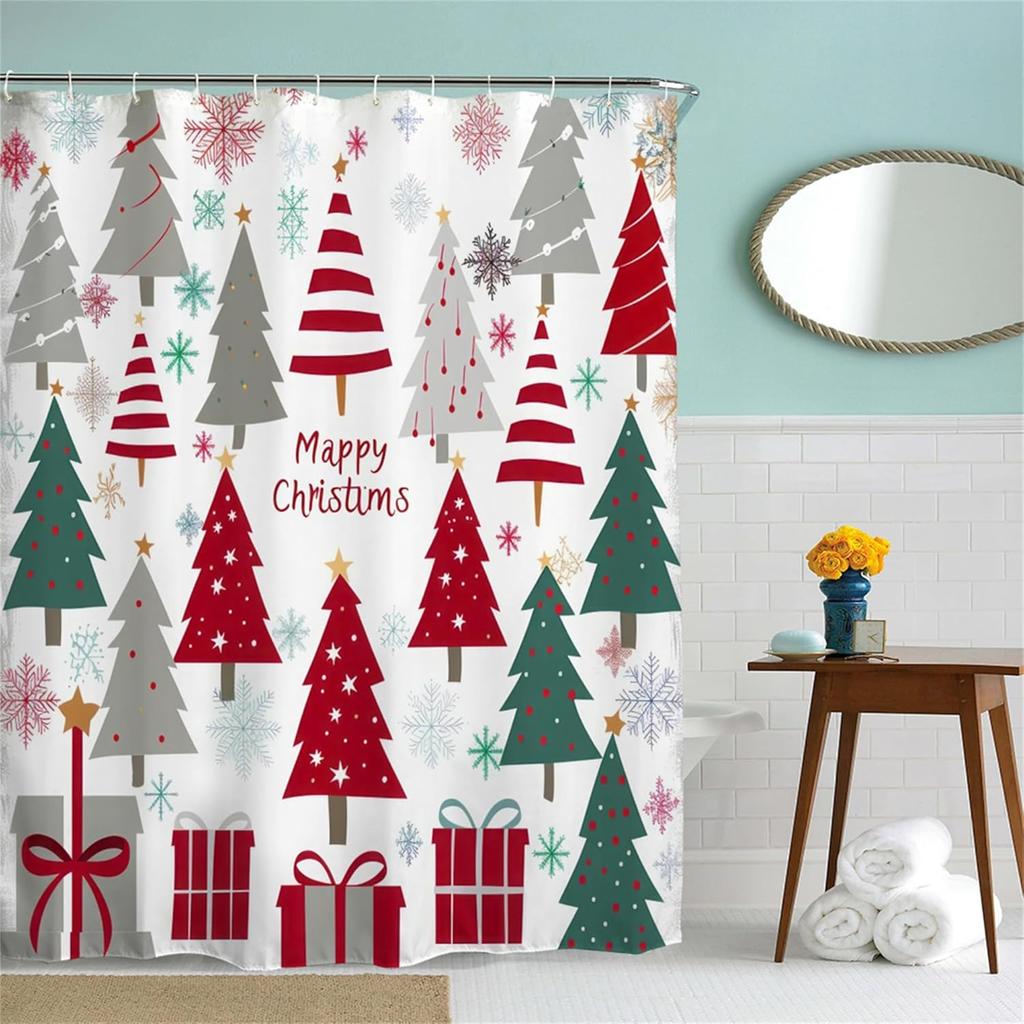 Fabric Christmas Shower Curtain Set- Vintage Xmas Tree Fireplace Winter Holiday Bath Bathroom Decor Curtain Polyester,Washable