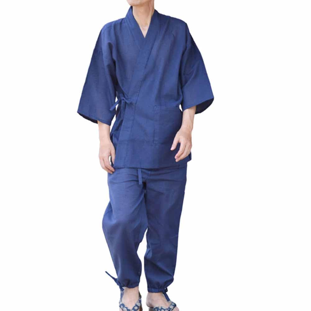 Japanese Samue Shijira-ori Men's worwear, cotton-linen blend, suitable for summer, cool, size M, Color Navy