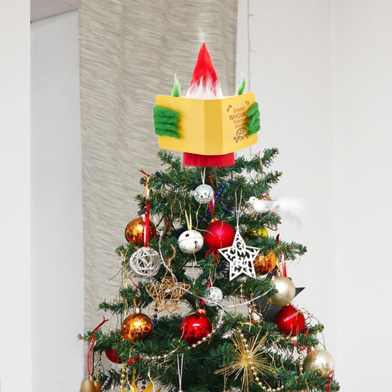 Christmas Tree Topper Classic Green Monster Hiding Behind Book Treetop Decoration for Christmas Tree Decorations Xmas Holiday Party Favor (Tree