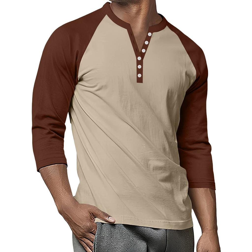 Men's Button-Down Contrast Raglan 3/4 Sleeve Top