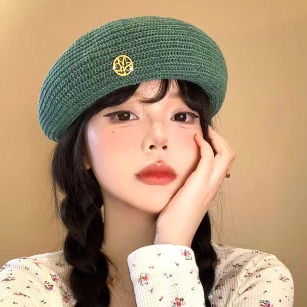 Y2k Painter Berets Thin Beanie Cap Casual Hollow Knitted Beret  Summer and Autumn