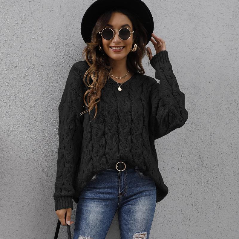 Women's Top, Thickened, Fried Dough Twists Knitted Sweater, V-neck Design, Fashionable Hooded Top, Loose Pullover Sweater