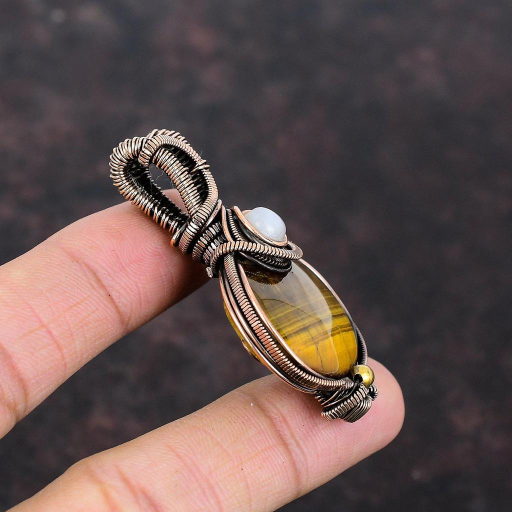 Tiger's Eye Pendant Copper Wire Wrapped Pendant Gemstone Copper Jewelry Handmade Pendant Gift For Him Rainbow Moonstone Pendant Wire Jewelry