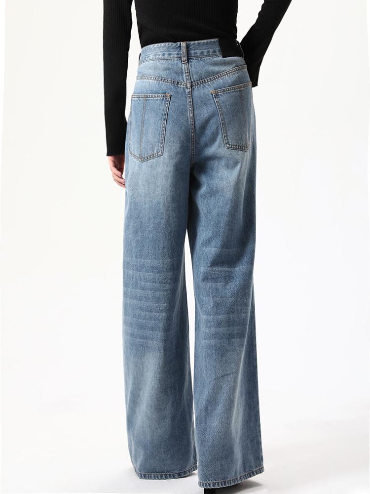 Herbst Europäischer Amerikanischer Stil Schwarz Blau Unregelmäßiger Patchwork Weiter Bein Laufsteg Jeans für Damen