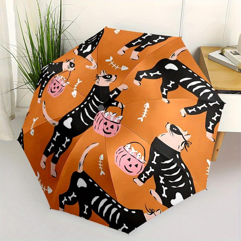 1pc Skelecat Halloween Automatic Open/Close Umbrella with One Touch Button,, Windproof Design   Lightweight Portable Umbrella for Women & Men6123