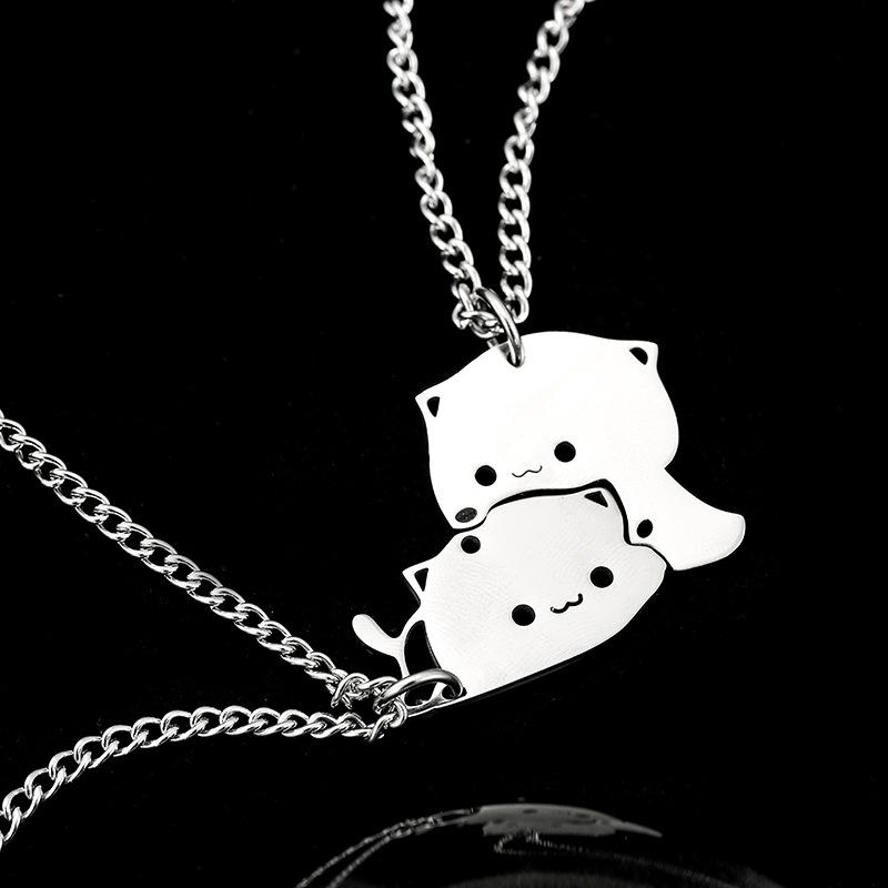 Wind Hug Kitten Pendant Titanium Steel Necklace Versatile Couple Best Friend Necklace 60CM