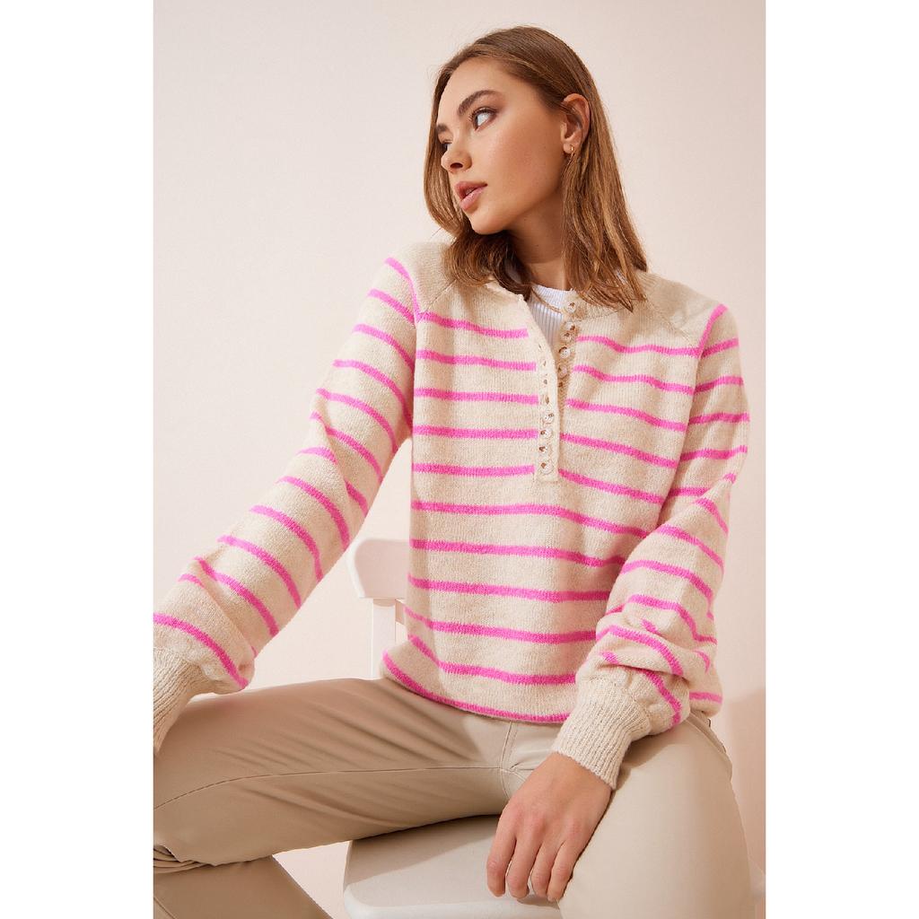 Gestreifter Strickpullover mit Knopfkragen in Knochenschwarz für Damen Lx00040