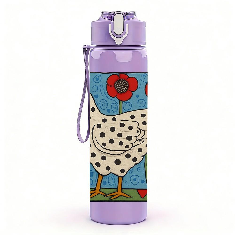 1PC Spotted Hen Red Flower Print 750ml Color Plastic Sports Water Bottle Leakproof Flip Straw Lid For Sports Office Home Use
