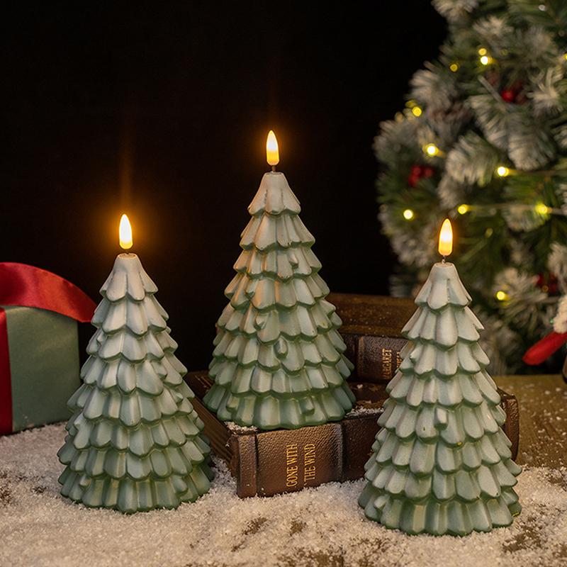 Christmas Tree Shaped Led Candles, Flameless Pillar Candles, Battery Operated Led Candle With 3D Flame Wick, Green Candles