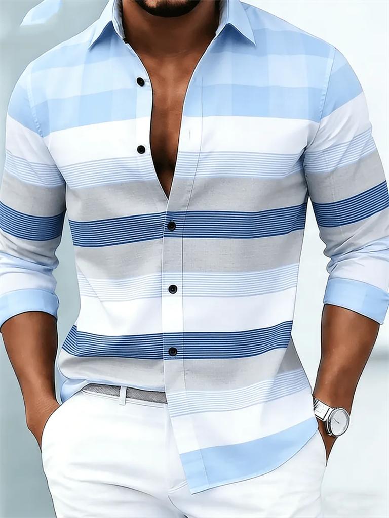 Herrenhemd mit Streifen-Karomuster, Kragen, Langarm, Slim Fit, Lässig, Knopfleiste, Tägliches Oberteil