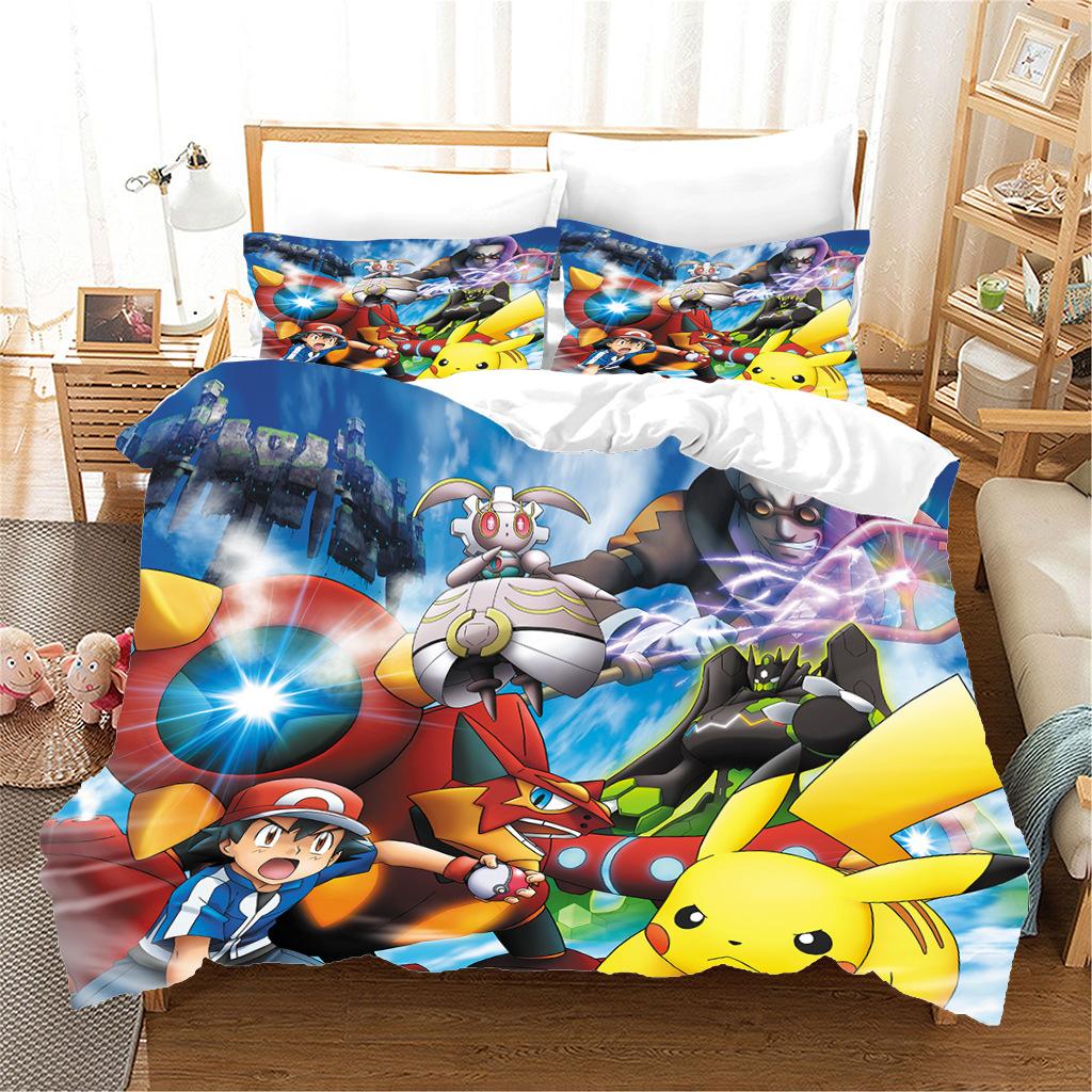 Anime P-Pokémon Printed Bedding Set New Ash Ketchum Pikachu Duvet Cover Comforter Pillowcase Boys Girls Children Adults King Gif
