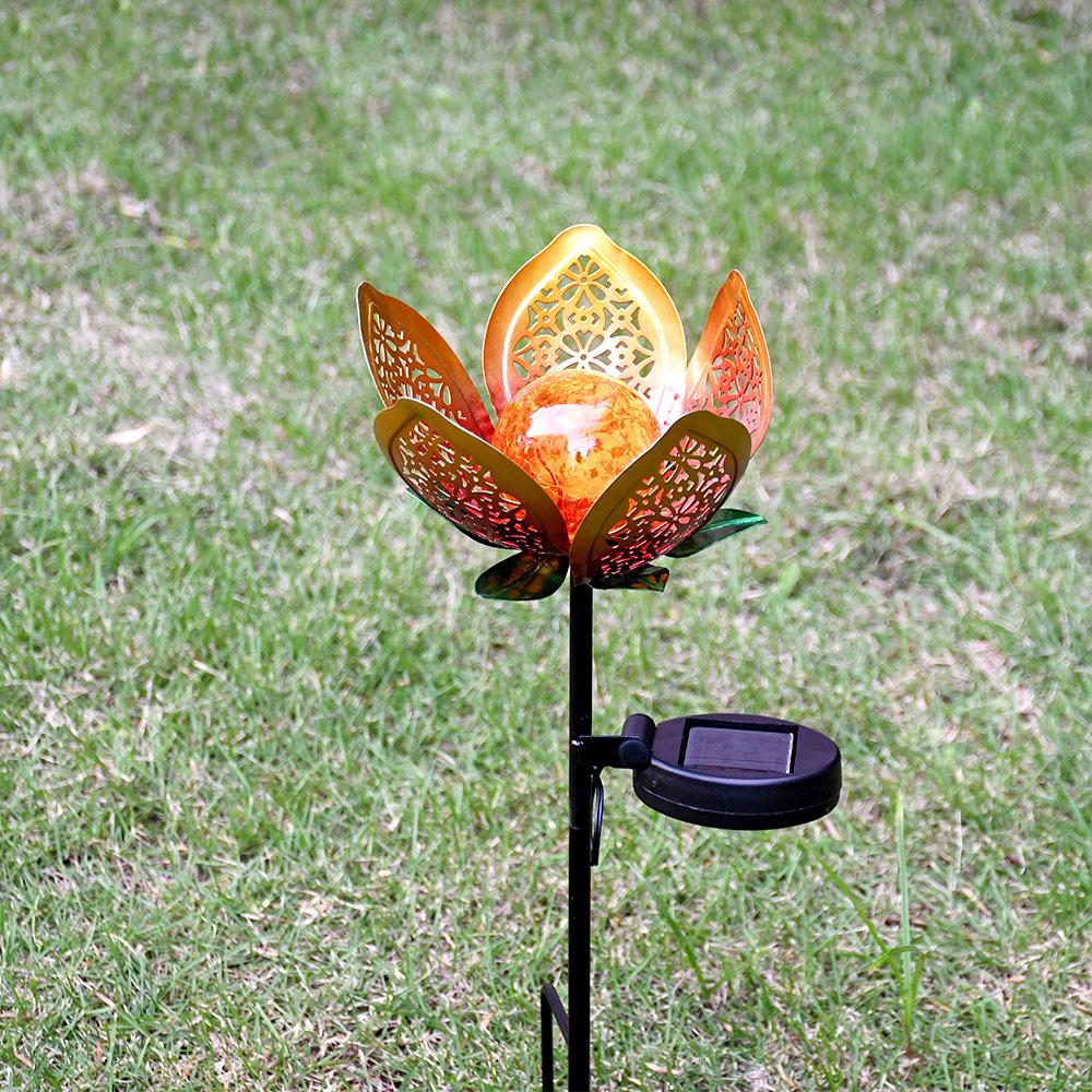Outdoor Solar Tulip Light Crackle Globe Glass Metal Flower Decoration Lamp Hollow Petal Stake Light for Patio Yard Lawn Walkway