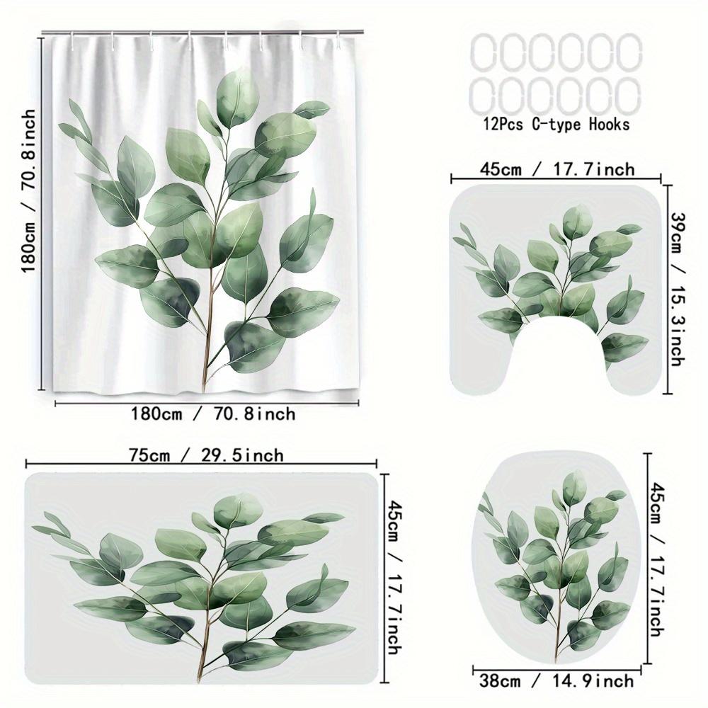 

4-Panel Green Leaf Print Polyester Shower Curtain With Hooks, Elegant Botanical Design, Machine Washable W60H190(CM)-1 Pcs