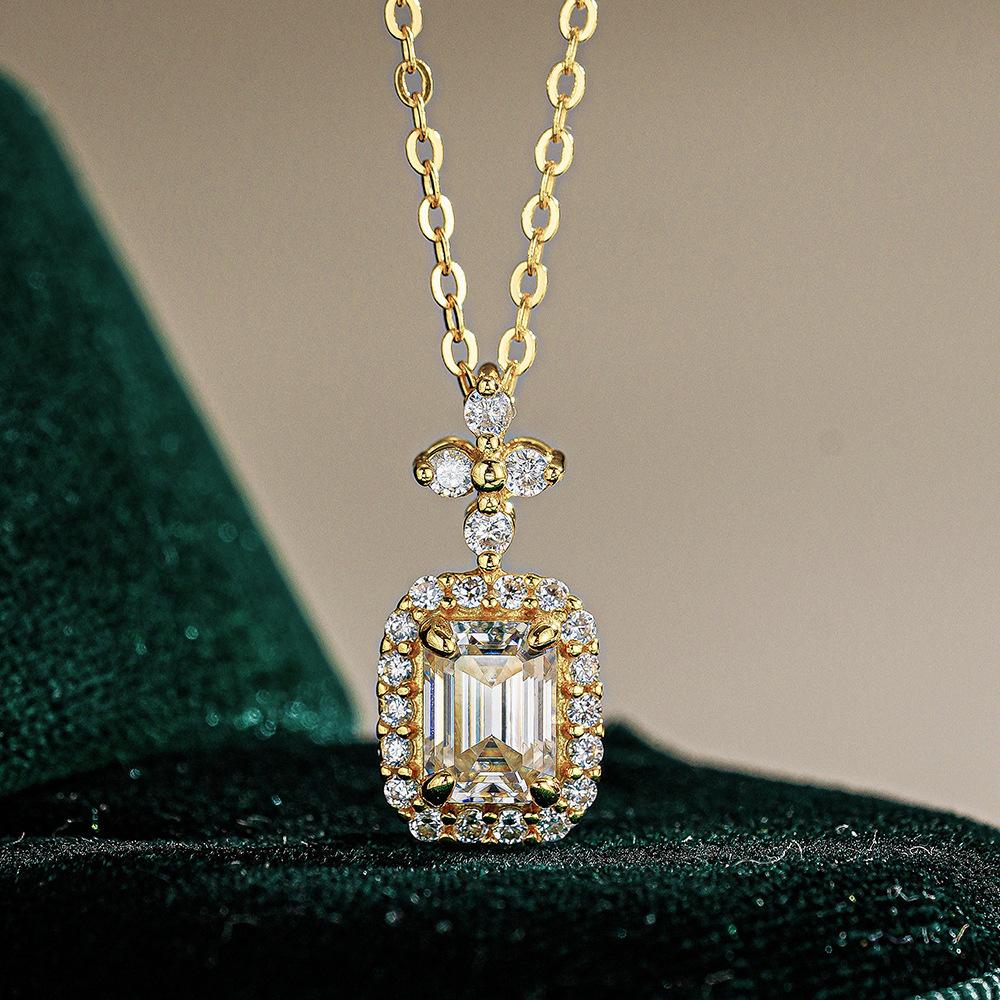 925 Sterling Silver 1CT Emerald Cut Moissanite Pendant Necklace for Women – Halo Design Bridal Jewelry