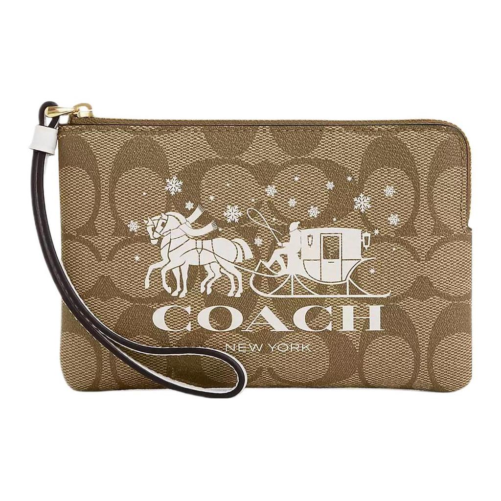 Coach Corner Zip Wristlet 16 Classic Monogram Print Coated Canvas And Smooth Leather Clutch Mini Women Clutch Gold Khaki Chalk CN755-IMDJ8