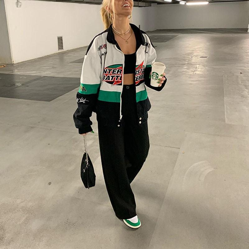 Dámská oversized Streetwear bunda s potiskem, větruodolná, s dlouhým rukávem, motorkářský styl, ležérní svrchní oblečení