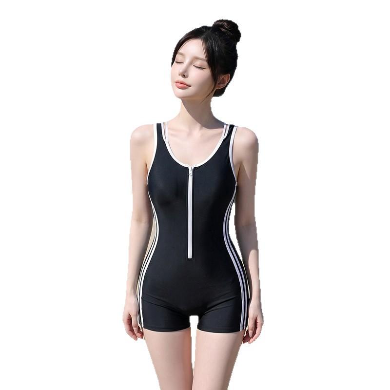 Swimsuit Women's 1011 New Conservative and Thin with Zipper Black Sports Fitness Swimming Pool One-piece Swimsuit Summer