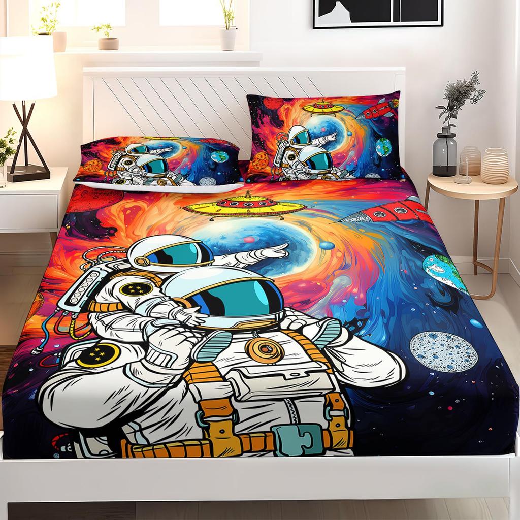 Space Astronaut Pattern Mattress Three-Piece Digital Printing Mattress Bedding Set Adult Children