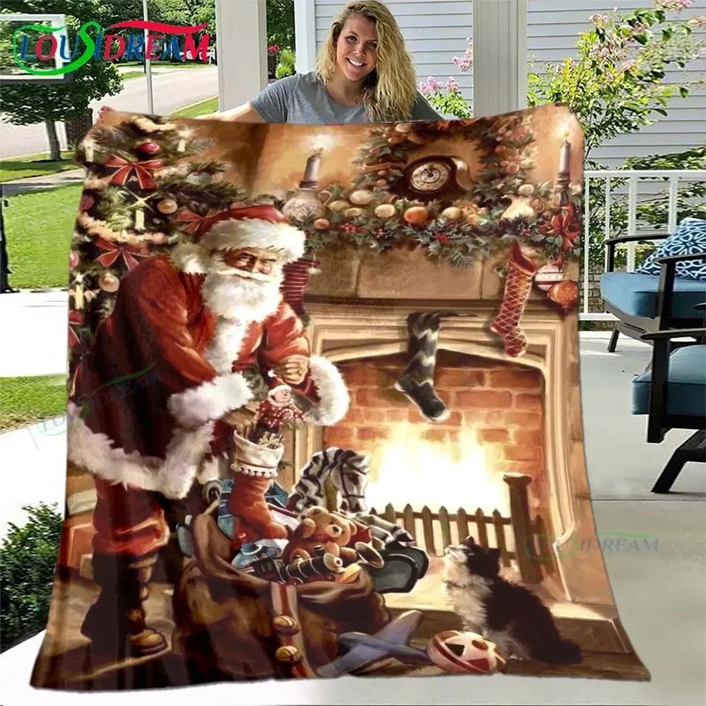 Christmas Santa Claus Printed Flannel Soft Blanket  Living Room Bedroom Sofa Bed Blanket New Year's Gift Portable Picnic Blanket#(2)