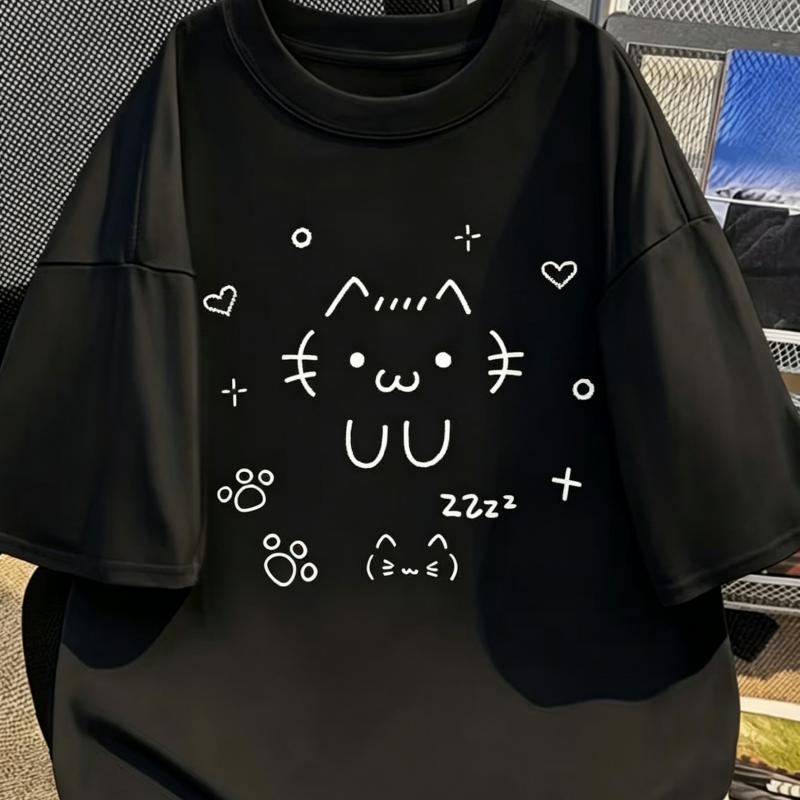 Cartoon Printed Fashion Pattern T-shirt Casual Short-sleeved White Cute Cat Summer Short Sleeved Tops Tee