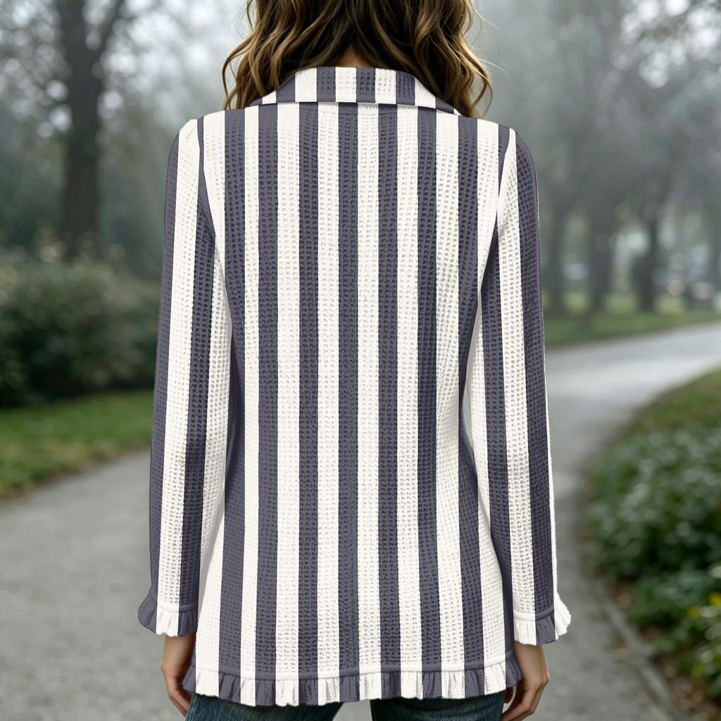 Women's Striped Print Long Sleeve Open Front Cardigan with Ruffle Trim for Casual Wear