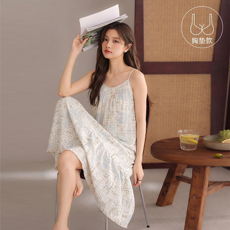 Cloud Cotton Suspender Nightdress Women's Summer Pajamas Summer Cardigan Long Style Can Be Worn Outside Seaside Vacation Sweet Skirt