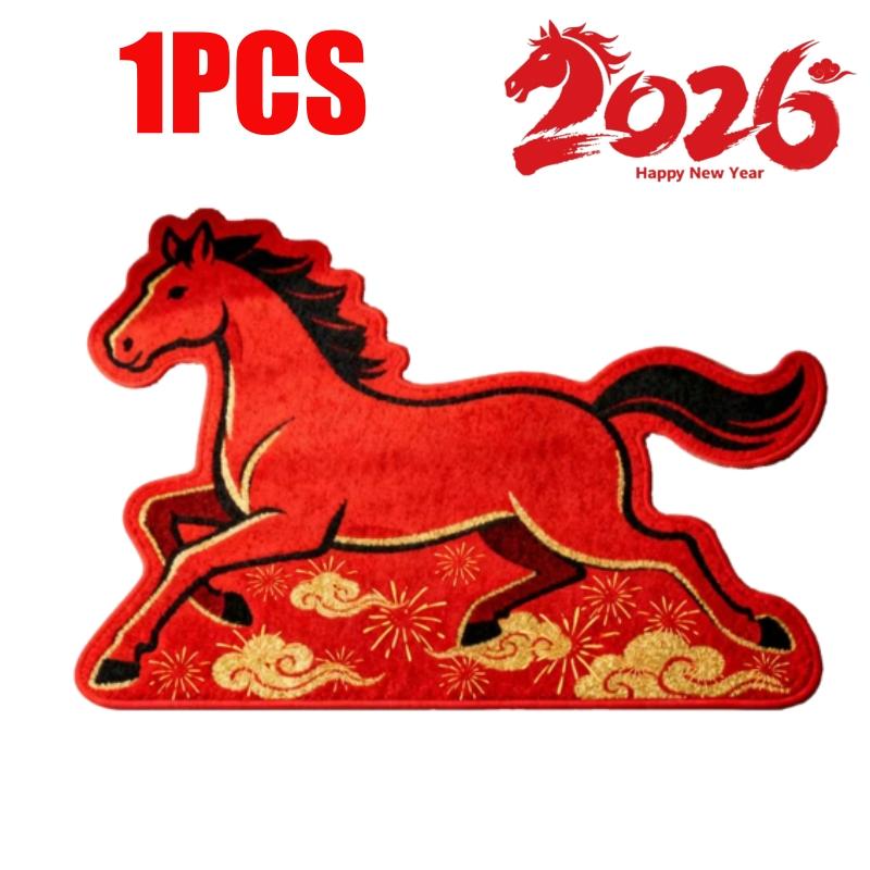 

2026 Horse Zodiac Themed Plush Velvet Rug Red Chinese New Year Doormat Non Slip Entryway Carpet for Good Fortune Holiday Decor 50x80cm