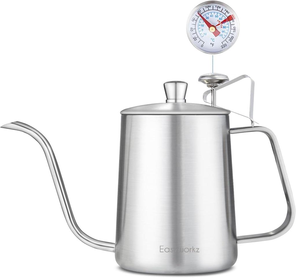 Easyworkz Gooseneck Kettle 600ml with Thermometer Stainless Steel Coffee Pot Hand Drip [Silver]
