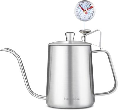 Easyworkz Varná konvice s husím krkem 600ml s teploměrem Nerezová konvice na kávu Ruční překapávání [Stříbrná]
