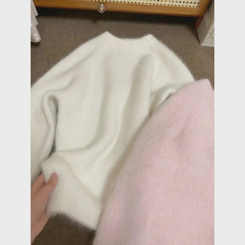 Women's Pink Mohair Sweater - Thickened, Soft, Slim Fit for Autumn/Winter 2024