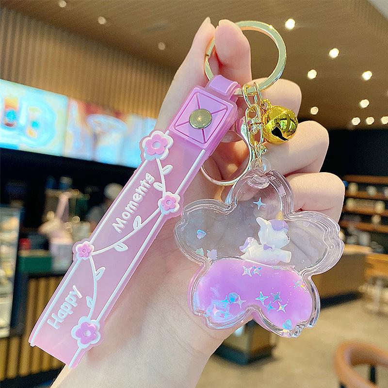 Lila Stern Flüssiger Treibsand Schlüsselanhänger mit Kirschblüten Öl-gefülltem Anhänger - Niedlicher 3D Rucksackanhänger für Frauen