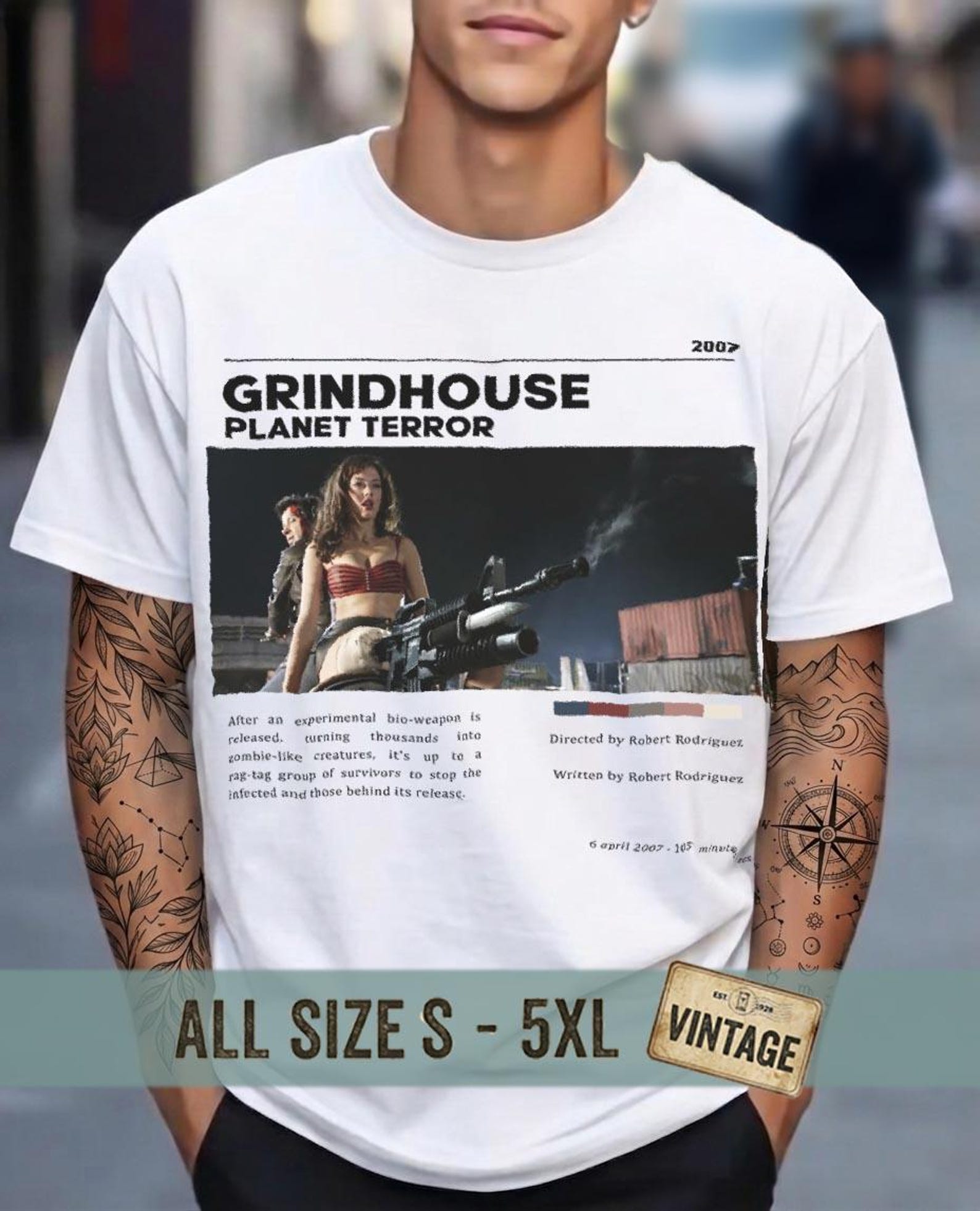 Grindhouse Planet Terror T-Shirt | Cult Horror Movie Graphic Tee | Robert Rodriguez Film Poster Shirt 4XL