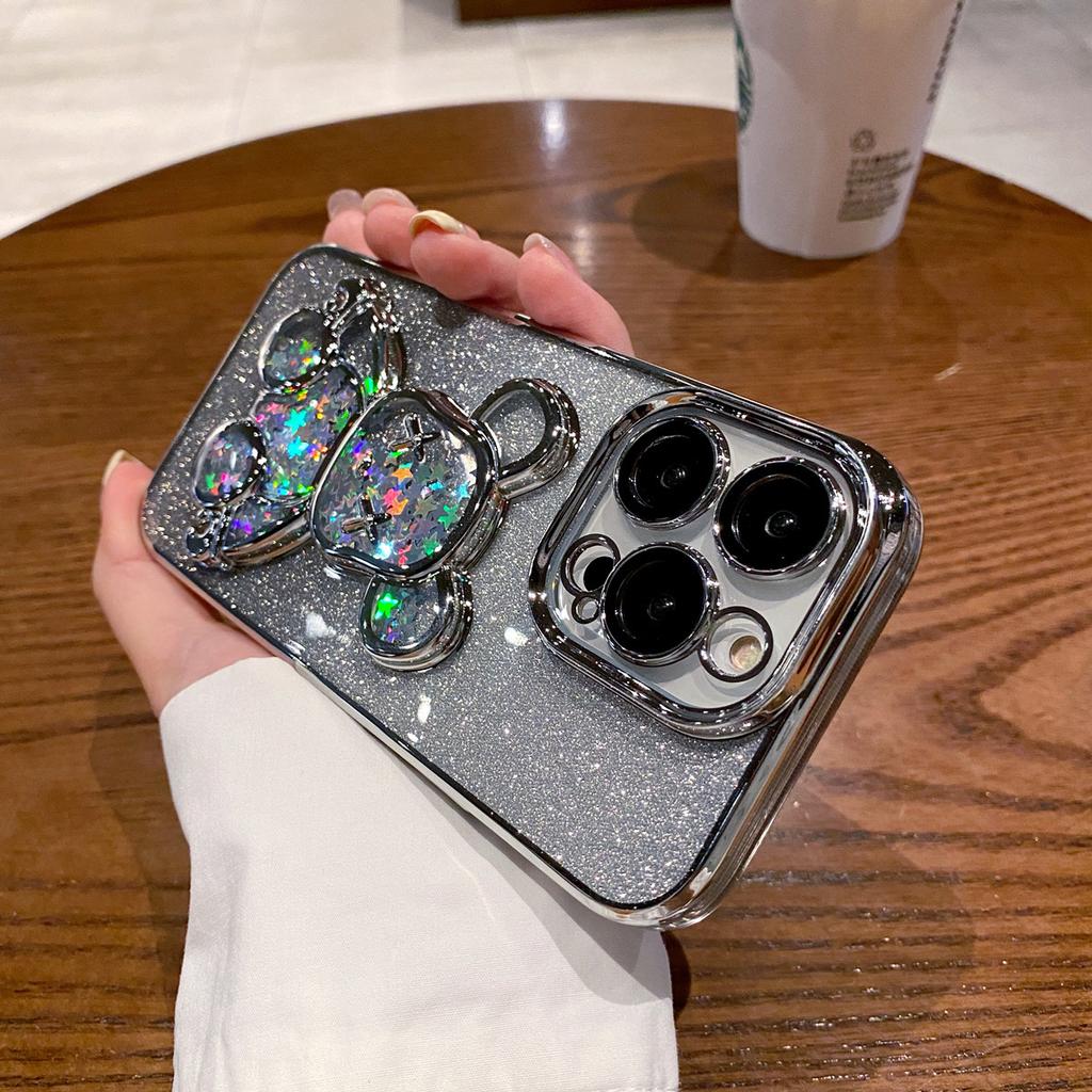 Electroplating quicksand violent bear is suitable for iPhone17 mobile phone case with glass lens film Apple 16 transparent soft case