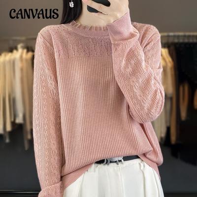 Camisa de malha com gola de renda para primavera e outono, suéter fino de lã e esqueleto