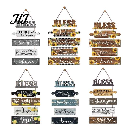 Kitchen Wall Plaque with Rope Wooden Decor, 5 Panel Bless Food Family Love Entryway Decorative Hanging Sign Sign, Farmhouse Art for Dining Room Living