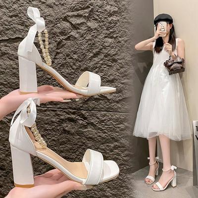 Sandálias de Salto Alto Femininas Verão Pérola Laço Fivela Uma Linha Sandálias Versáteis